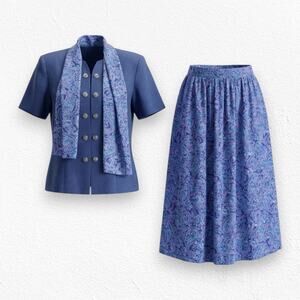 Vintage 1980s Blue Paisley Leslie Fay 3 Piece Skirt Blouse Scarf Set Size 10